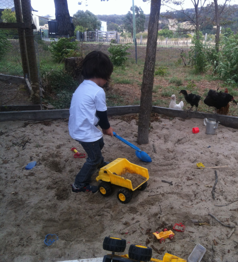 A young child plays with a truck and shovel in a sandpit. Science learning is play based.